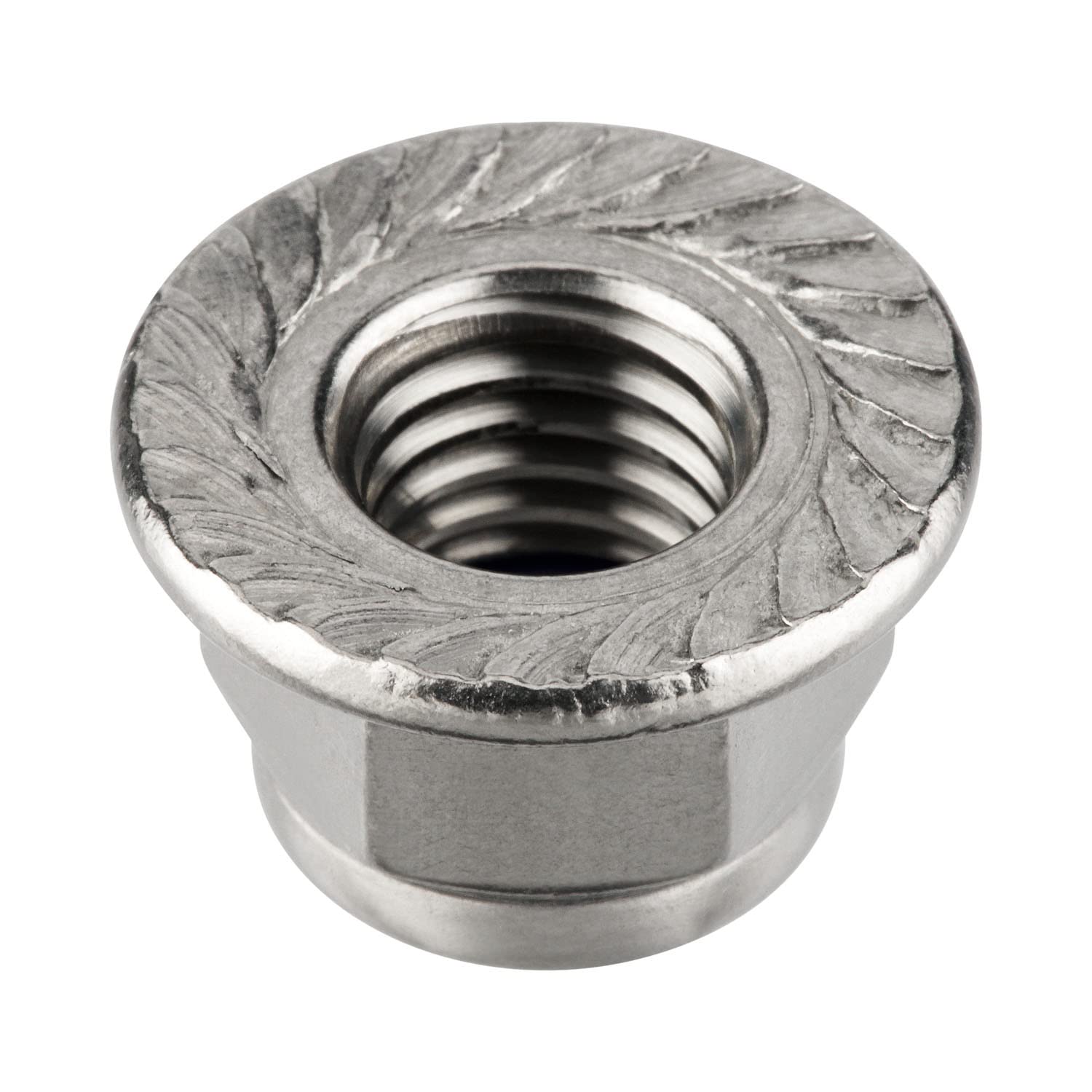 Dadi flangiati (autobloccanti con dentatura di blocco) a norma DIN 6926 – Dadi di sicurezza A2 V2A in acciaio inox con morsetto in poliammide – UKV M4 50