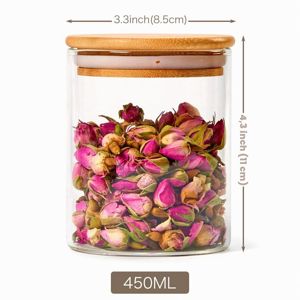 EZOWARE Set di 8 Barattoli di Vetro, Contenitori per la Conservazione degli Alimenti con Coperchio di Legno Bambù Ermetico per Tè Caffè Farina Cereali Fagioli, Vetro Borosilicato - 450ml