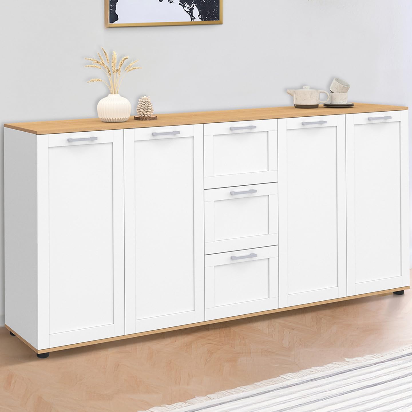 IDMarket - Buffet 180 cm VITO XXL 4 Portes avec 3 tiroirs Bois et Blanc