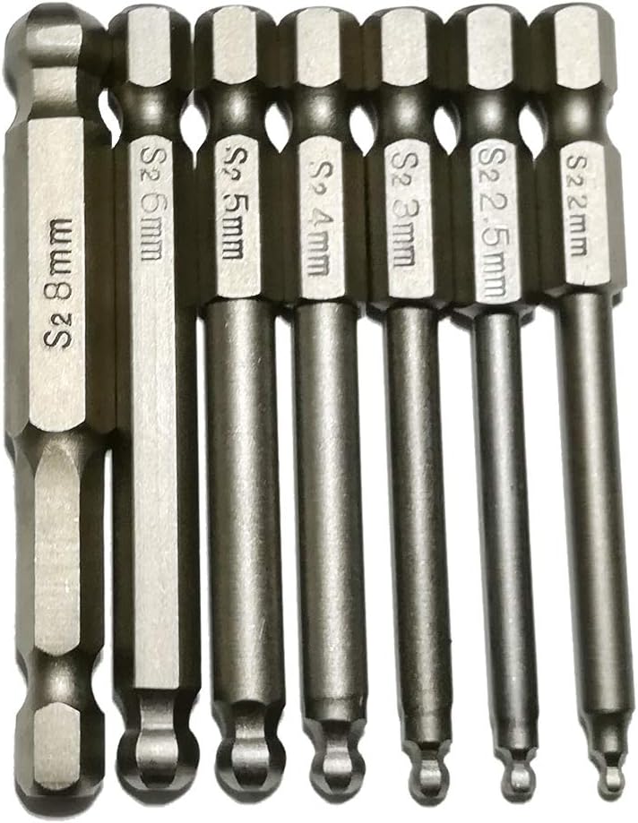Balldriver Power Bits, 7pcs Set 2MM 2.5MM 3MM 4MM 5MM 6MM 8MM Magnetic Ball End Hex Head Screwdriver Bits Set 1/4 Inch Hex Shank S2 Steel 65MM Length(Ball End Hex)