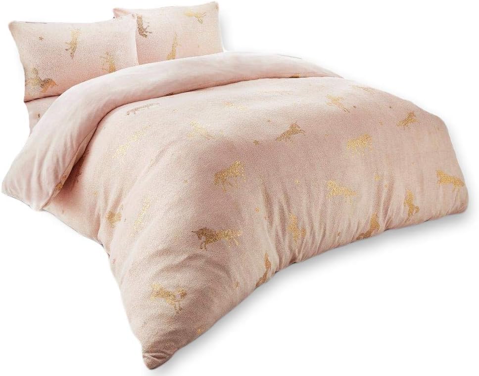 ZA TEX Teddy Fleece Unicorn Star Foil Duvet Cover Super Soft Fluffy 3 Piece Quilt Set 1 Quilt Cover and 2 Pillow Cases Shiny Bedding (Pink, Double)