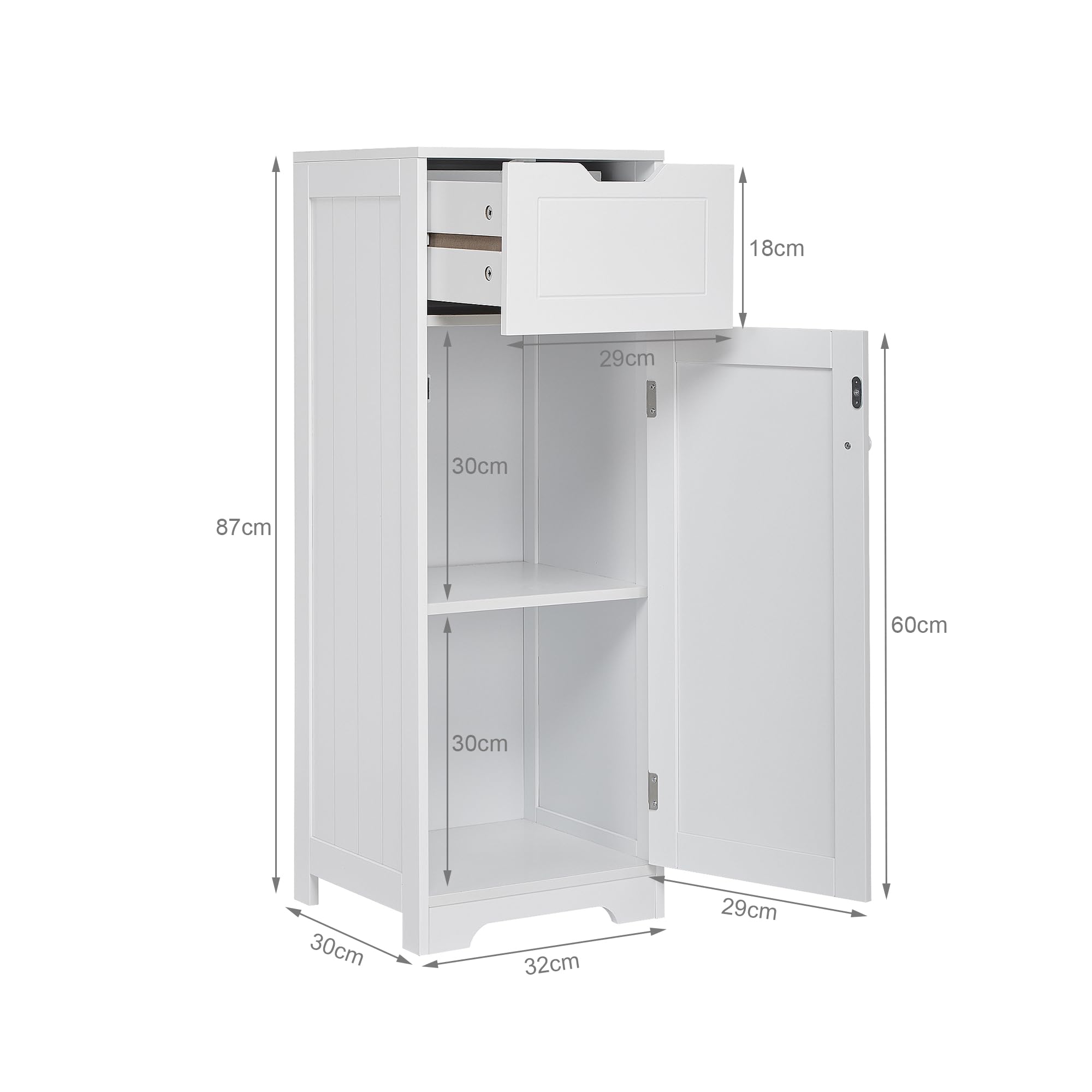 Mondeer Badschrank Schmal, Badezimmerschrank mit 1 Schubladen 1 Tür 2 Regal, 32x30x87cm Weiß MDF Holz Lackiertes, Badmöbel für Badezimmer Küche Wohnzimmer Eingang