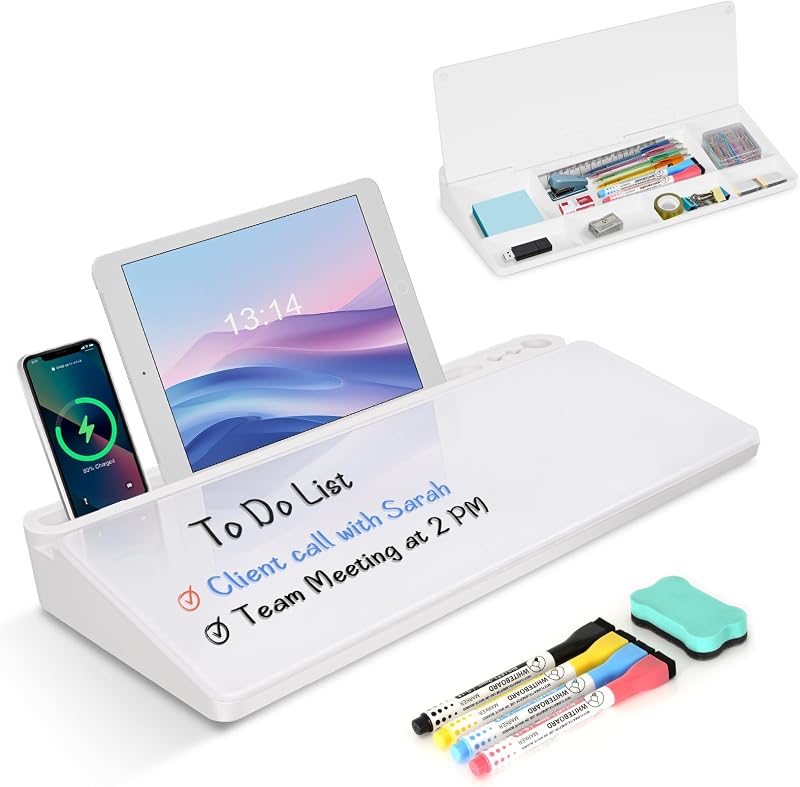 Desktop Glass Whiteboard with Storage, Desk Dry Erase White Board Stand | Computer Keyboard Stand, Office Desk Organizers and Accessories with Drawer, To Do Memo Notepad, Home School Supplies