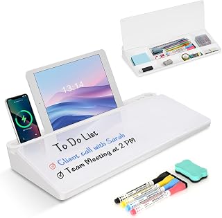 Desktop Glass Whiteboard with Storage, Desk White Board with Computer Keyboard Stand, White Dry Erase Board with Drawers for Home, School, Office Desk Organizers and Accessories