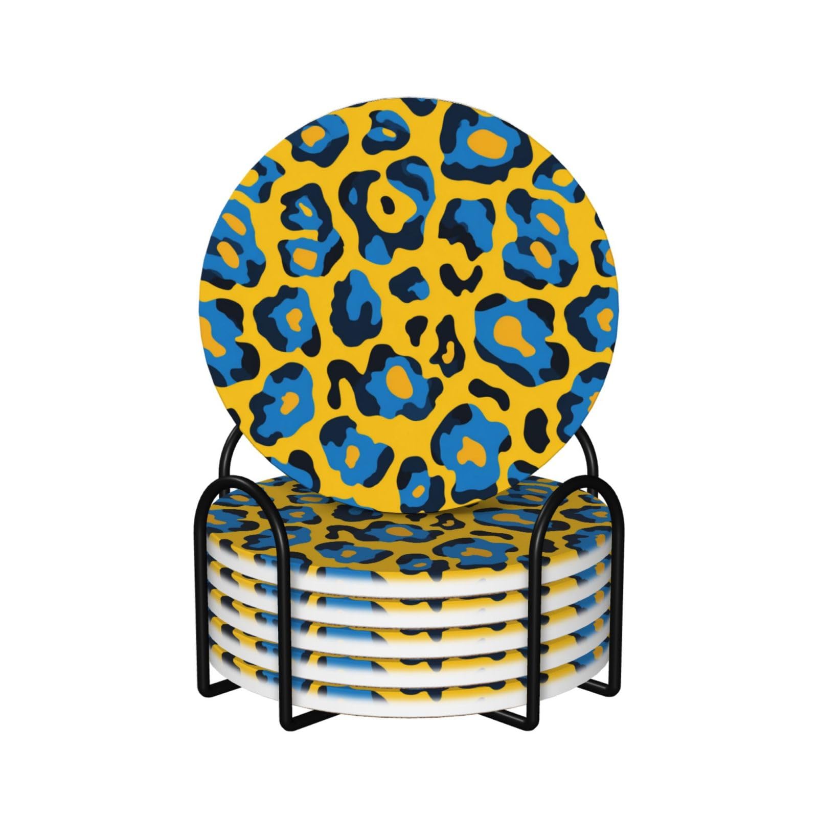 Yellow Blue Leopard Print Pattern Ceramic Coasters with Holder 6ps
