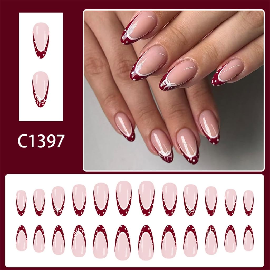 24Pieces Almond Shape False Nails Wine Red French Tip White Dots Bows Decors Artificial Nails Manicure Parts