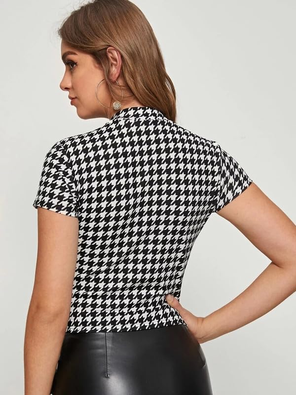 Image of DTR FASHION Women's Cotton Blend Houndstooth Printed T-Shirt | Western T-Shirt for Women