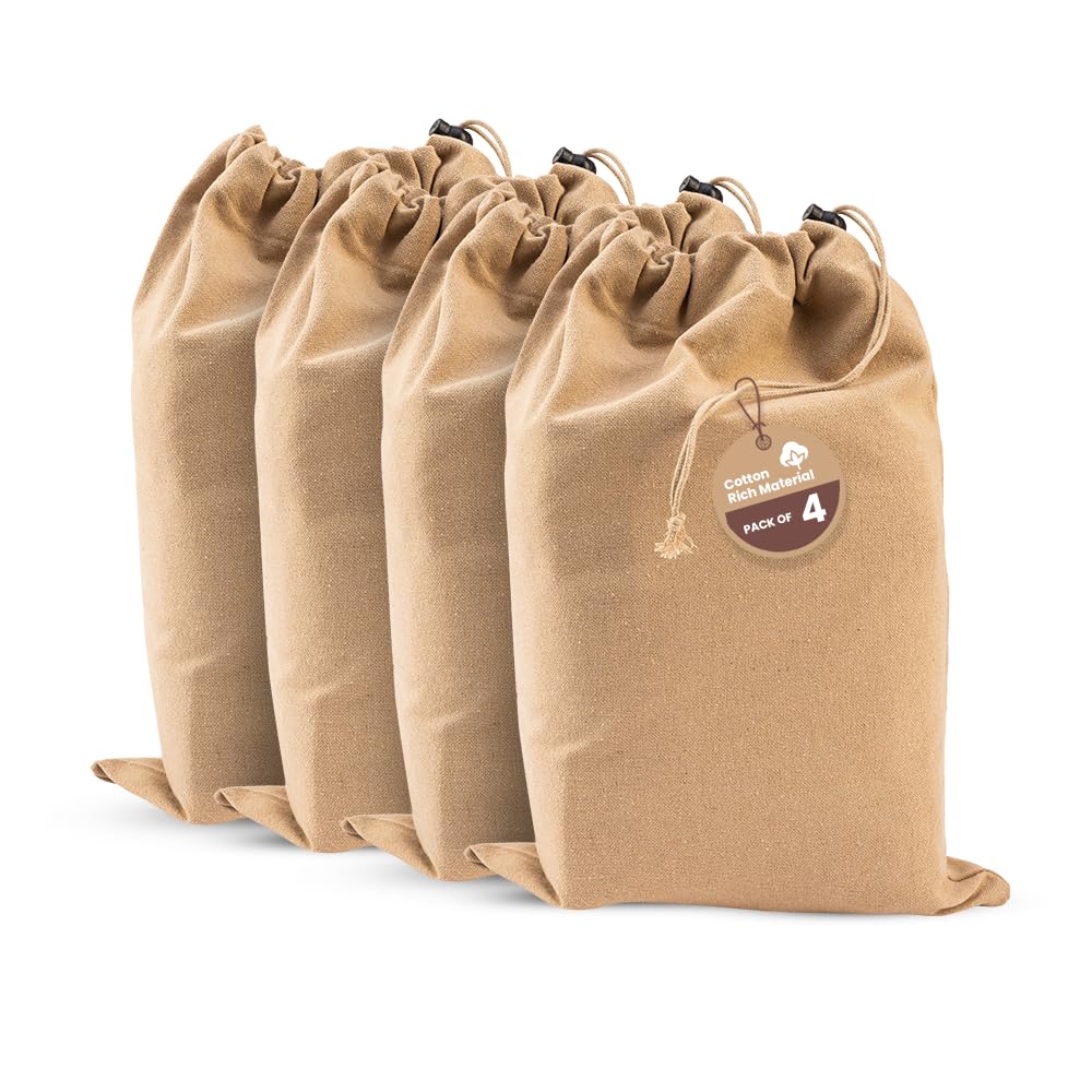 LFH Cotton Rich Shoe Storage Bags with Drawstring, Dustproof Breathable Reusable Organizer, Perfect For Travel, Dorm, Hotel, College, Gym, Easy to Carry, Machine Washable 12"x17" (Pack of 4) - Beige