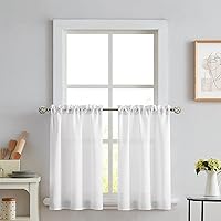 Vista 1 de Melodieux Cortinas semitraslúcidas blancas de 24 pulgadas de largo para cocina, cafetería, dormitorio, ventanas pequeñas, con bolsillo para barra
