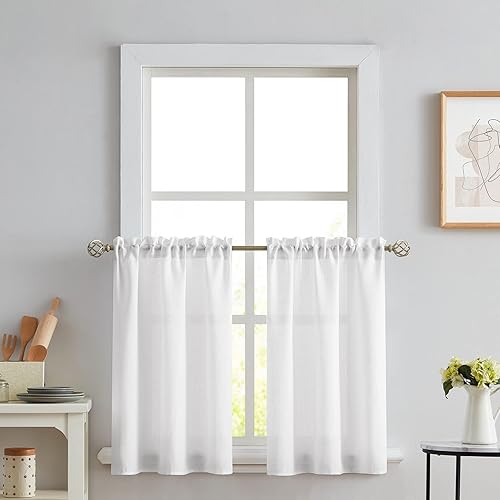 Melodieux Cortinas semitraslúcidas blancas de 36 pulgadas de largo para cocina, cafetería, dormitorio, ventanas pequeñas, bolsillo para barra,