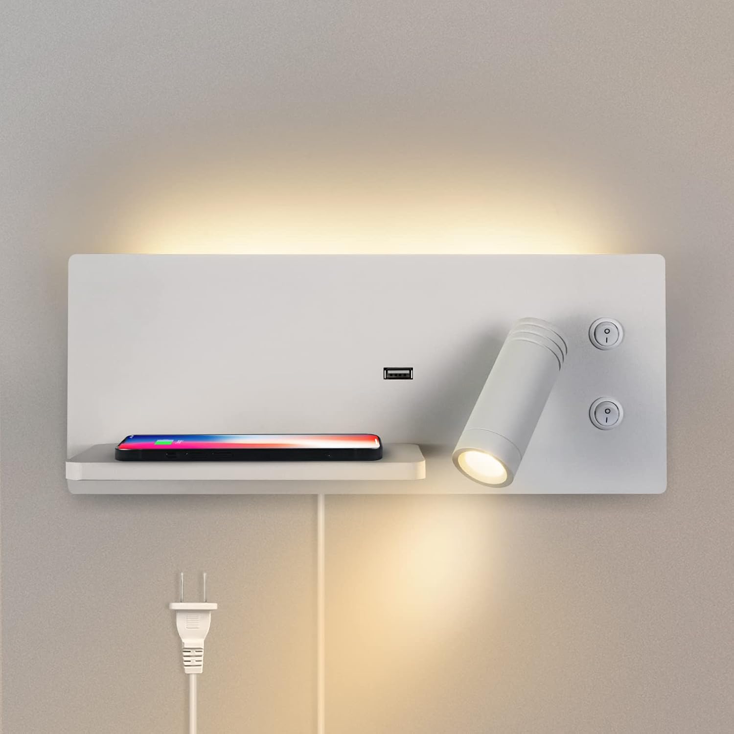 M01 Wall Mounted Reading Light Wireless Charging Hardwire or Plug in Installation Multifunctional Wall Sconce USB Port Bedside Wall Light Adjustable 3W Spotlight Head + 6W Backlight(Right)