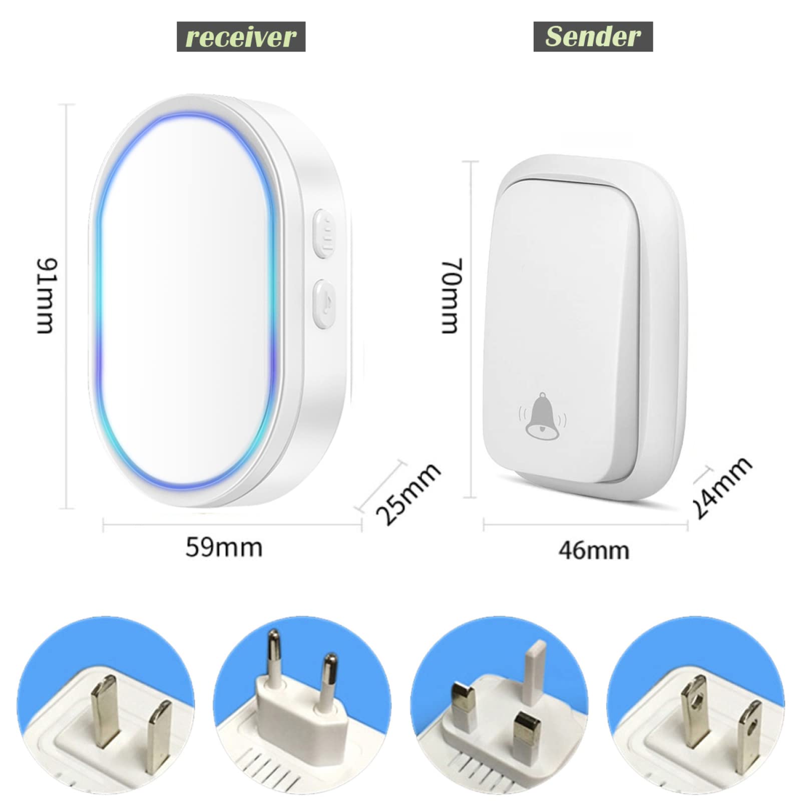 『Aucune pile requise』 Sonnette sans fil auto-alimentée, 4 récepteurs enfichables et 1 émetteur auto-alimenté, étanche IP55, volume à 5 niveaux et lumière LED, 36 carillons, portée de travail de 800
