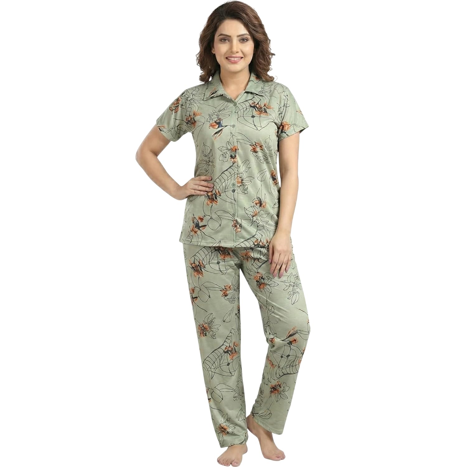 dreamira Women's Satin Flower&Line Printed Night Suit Set of Shirt & Pyjama-picture-35