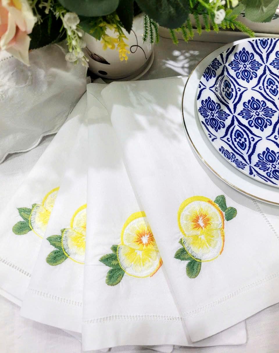 Embroidered Cloth Napkin Lemon Cotton Napkins Set of 6, 20x20 Hemstitch Table Napkins Machine Washable, Daily & Holidays, Great Present Ideas