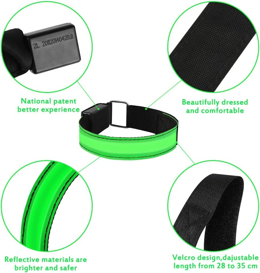 Lot De 4 Brassards LED Rechargeables USB – Bande Réfléchissante Avec 3 Modes D'Éclairage – Ajustable Pour Bras, Poignet, Cheville – Running, Vélo, Chien