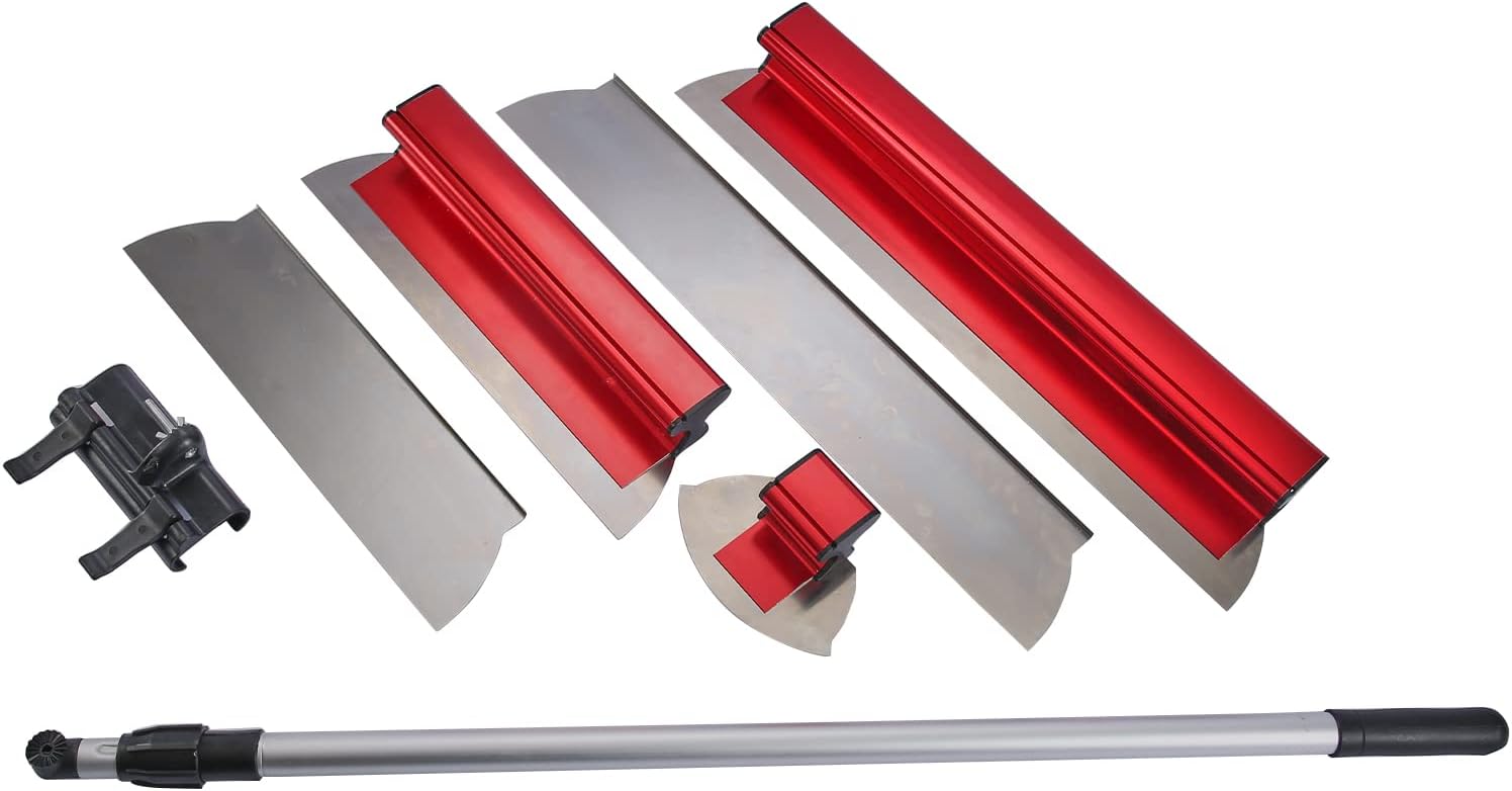 ZHUITU Drywall Skimming Blade Set 16" Blades x2 + 24" Blades x2 + Semi-Circular Blade + 37"-67" Extension Handle + Holder Pro-Grade Stainless Steel Sturdy and Durable