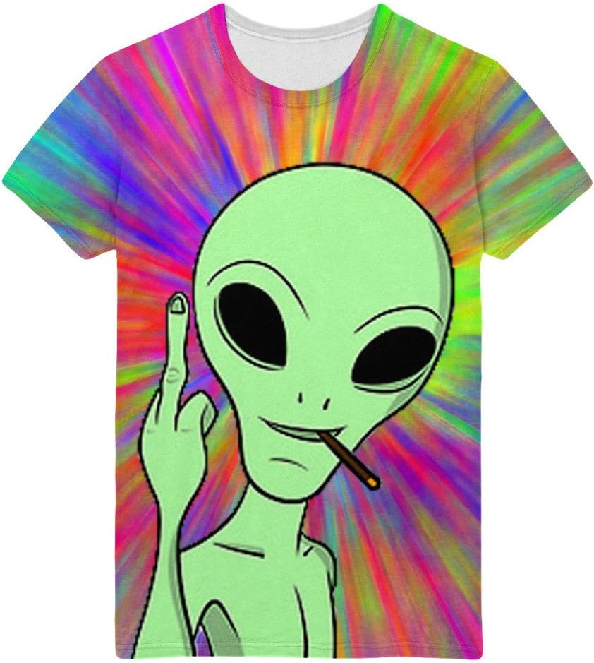 Men's Alien T-shirts Digital Print Tops Cartoon Shirts Psychedelic Tees (Large)