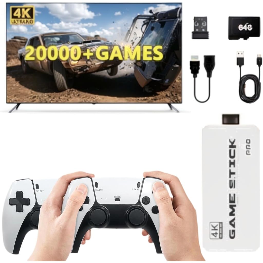 Wireless Retro Game Console Stick,20000+ Classic Games, 4K HDMI Output Plug & Play Video Game Stick with Dual 2.4G Wireless Controllers, Support 64GB TF Card (White)