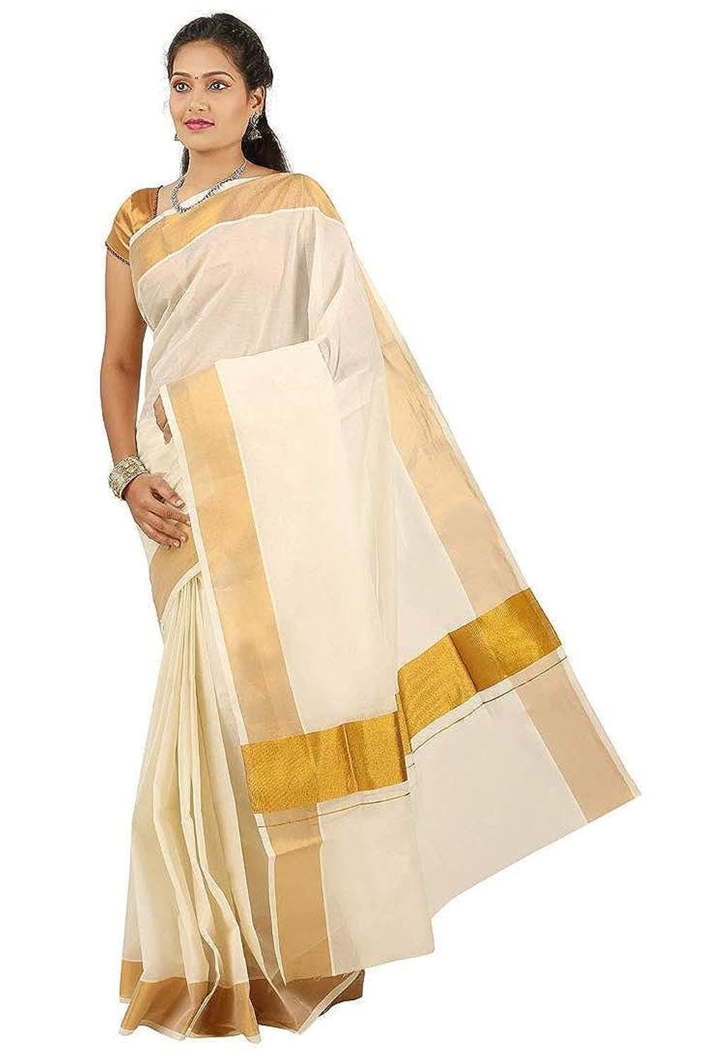 StylesindiaKuthampully Kerela Cotton Kasavu Kattikara Floura Jari Woven Saree With Blouse 6.25 Meters