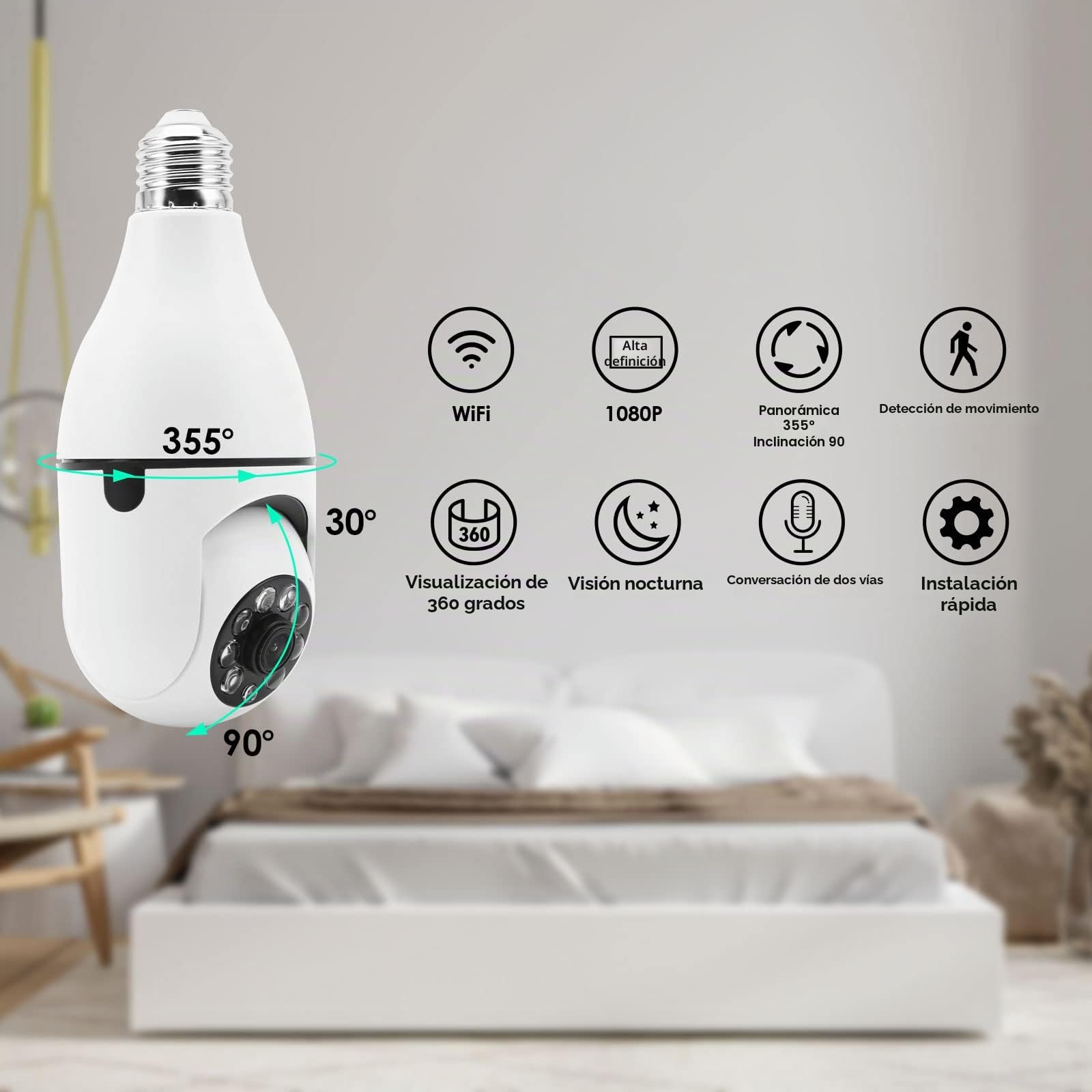 2 Piezas Cámara de Bombilla, Cámara de Bombilla 360 Grados WiFi al Aire Libre con Visión Nocturna, Cámara De Vigilancia Guardcam, Seguimiento Automático, Audio Bidireccional, Detección de Movimiento
