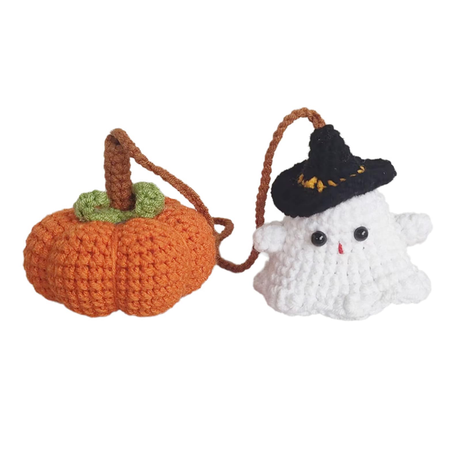 Halloween Crochet Pumpkin And Ghost Car Pendant Handmade Mini Knitted Ghost Pumpkin Hanging Ornament for Car Rear View Mirror Interior Accessories (B)