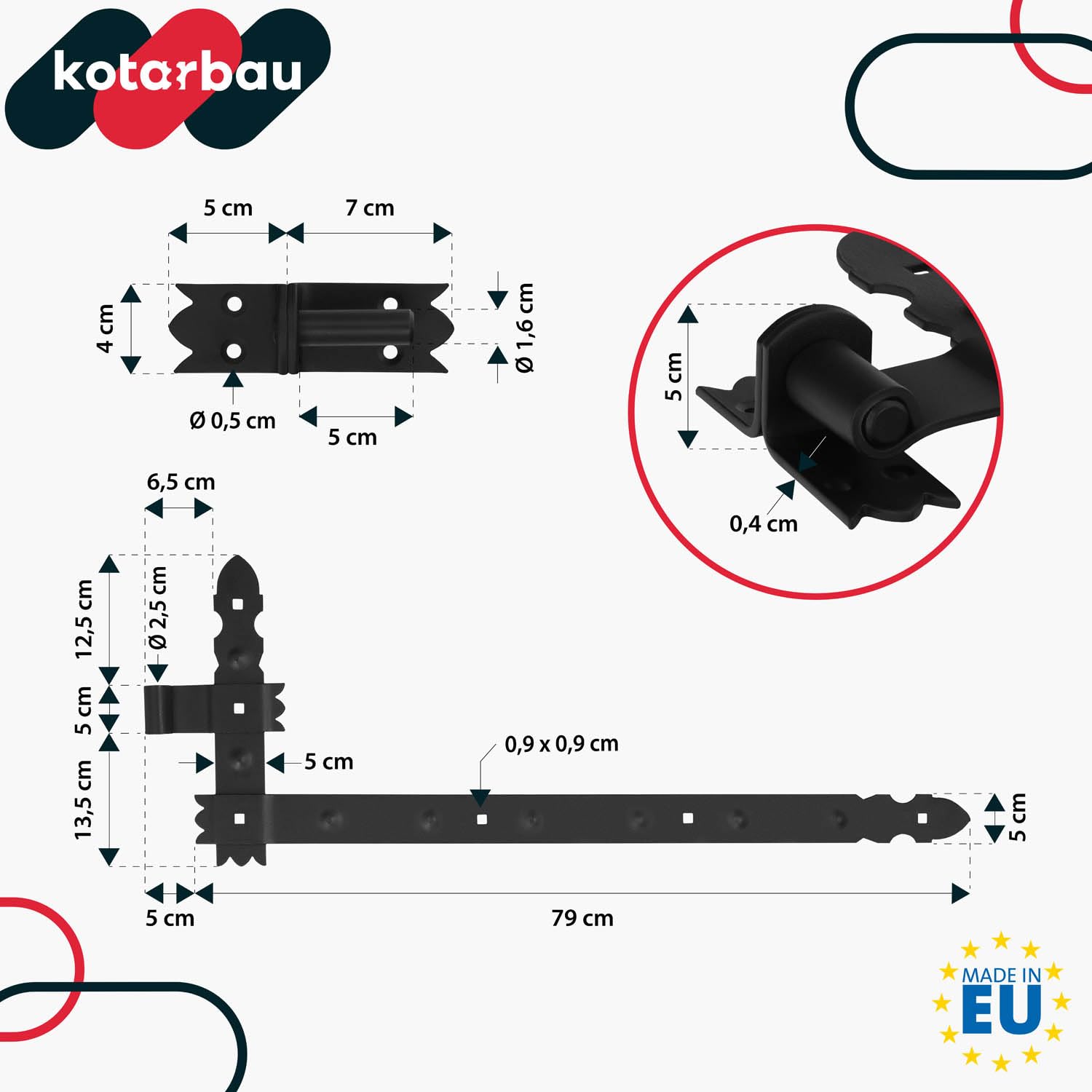 KOTARBAU® 4 x Bisagras angulares, Herraje para contraventanas, Puertas y portones, Bisagras en L 800 x 50 mm, 4 Bisagras para contraventanas de Madera, Bisagras Decorativas, 4 x Gozne + Quicio, Negro