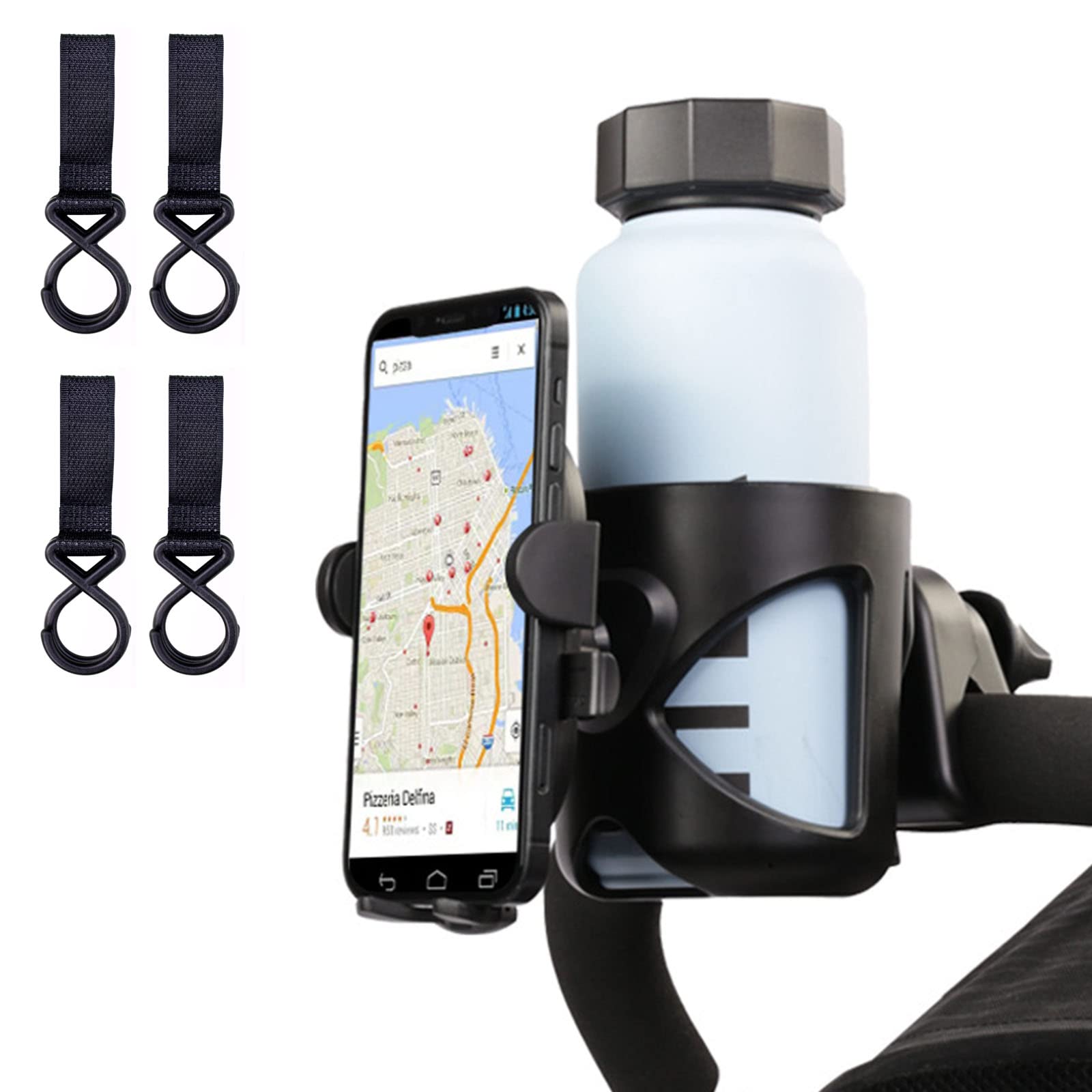 IS MUHE Stroller Cup Holder, 2 in 1 Cart Universal Cup Holder with Phone Holder, Universal Drink Holder for Bike, Stroller or Walker with Hooks (4pcs)