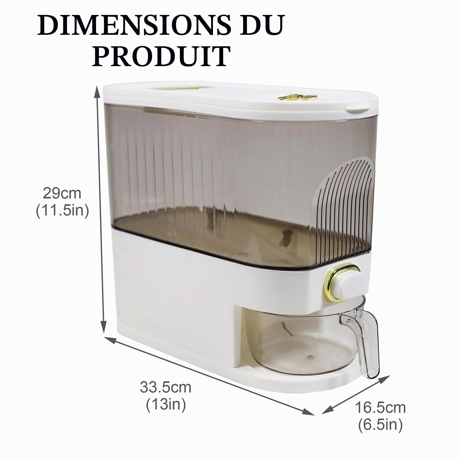 Distributeur de riz 5 kg avec verre doseur – Récipient à riz hermétique avec échelle de temps – Récipient à céréales pour cuisine, garde-manger et aliments secs – Sans BPA