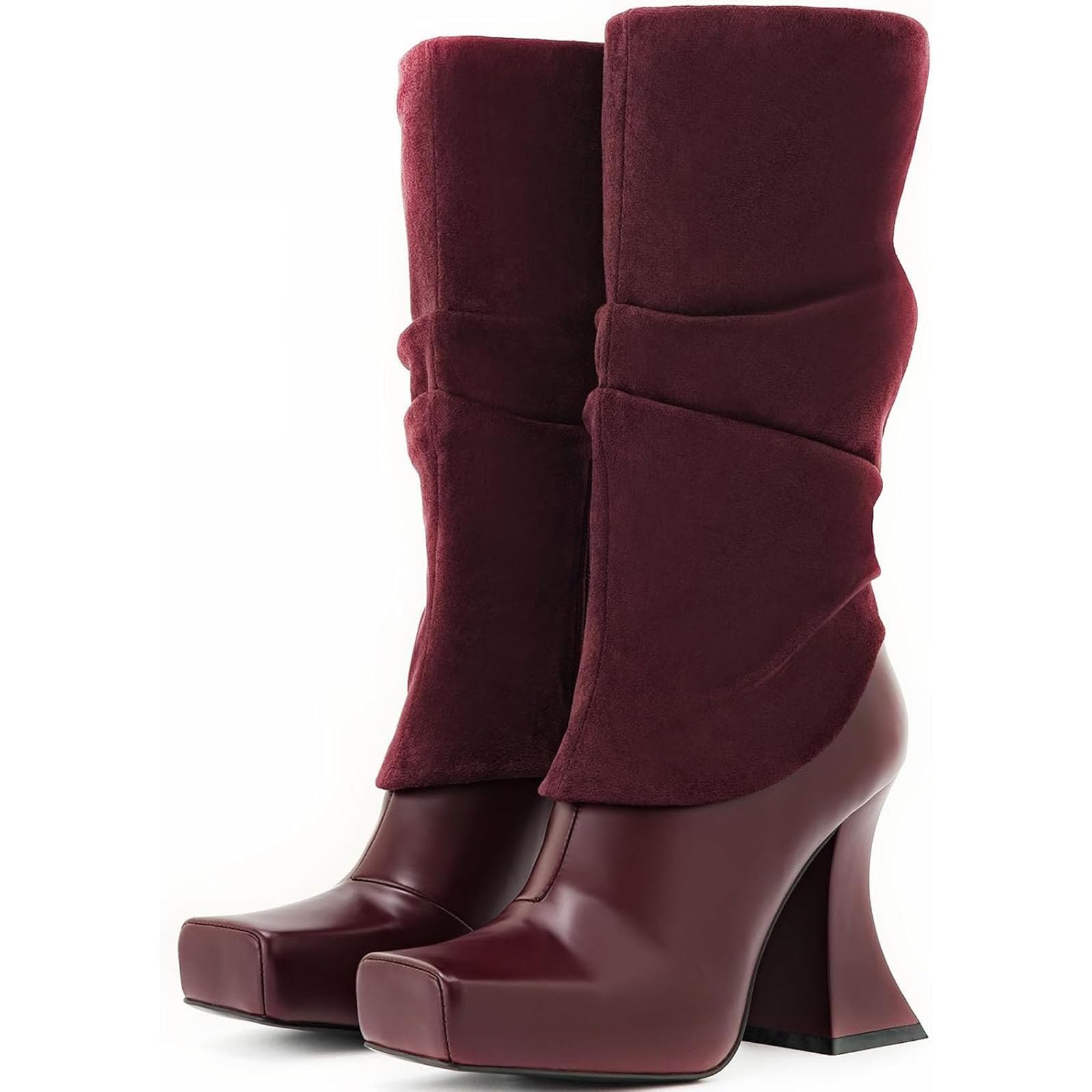 Womens Platform Mid Calf Boots High Chunky Heel Square Toe Fold Over Boots with Side Zipper Dress Shoes