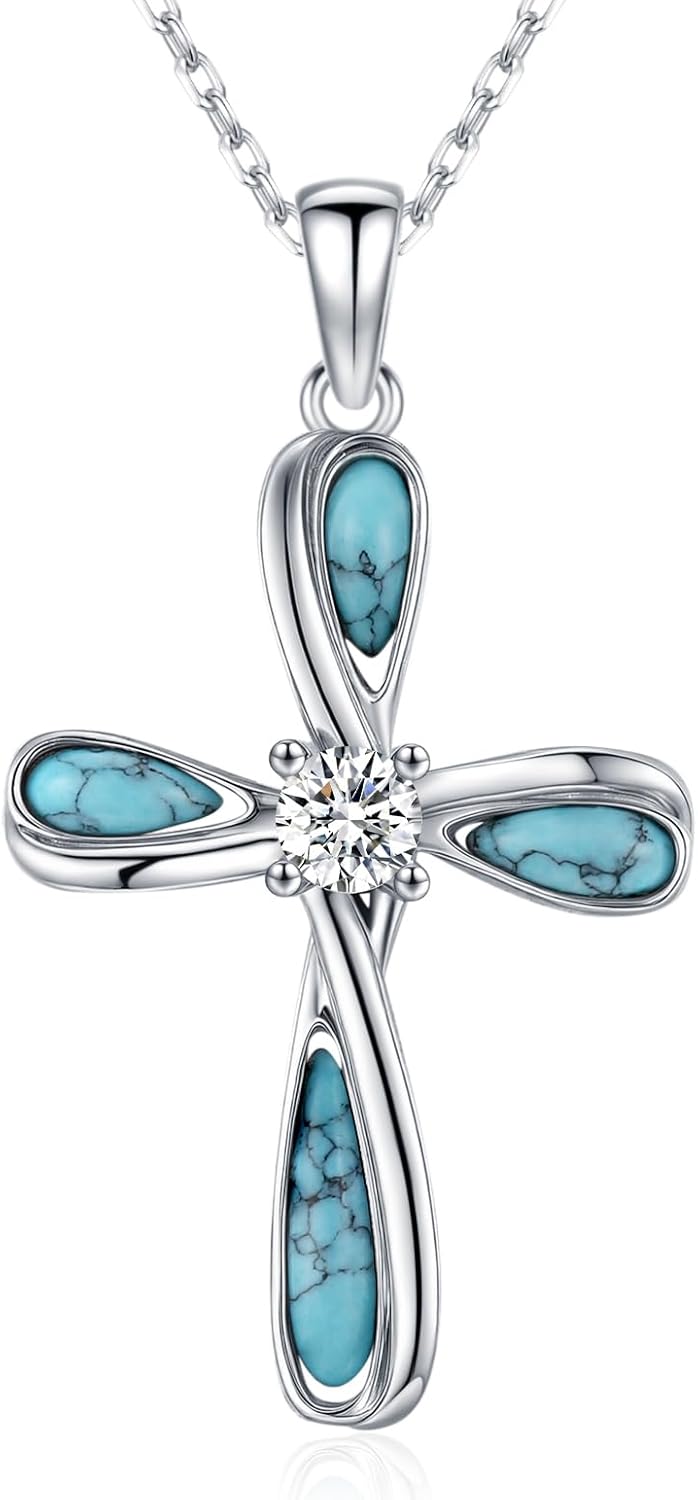 Turquoise Cross Pendant Necklace Turquoise Necklace 925 Sterling Silver Western Jewelry for Women Birthday Gifts for Mother or Wife