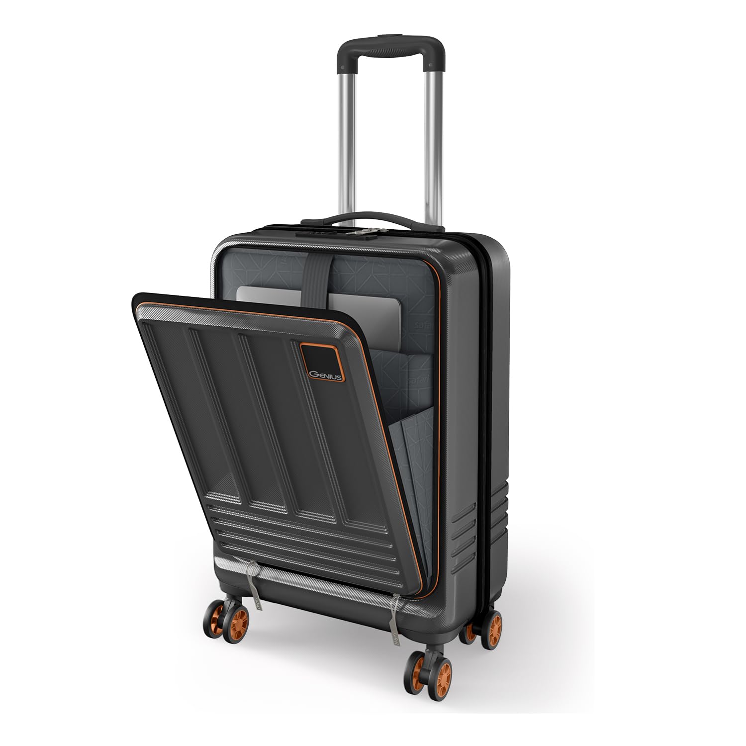 genius Cabin Trolley Bag with Laptop Compartment, Hardside Polycarbonate Small (55cm) Suitcase | 360° 8 Wheel Spinner Travel Luggage| Recessed Combination Lock|Paradox| Gunmetal-picture-24