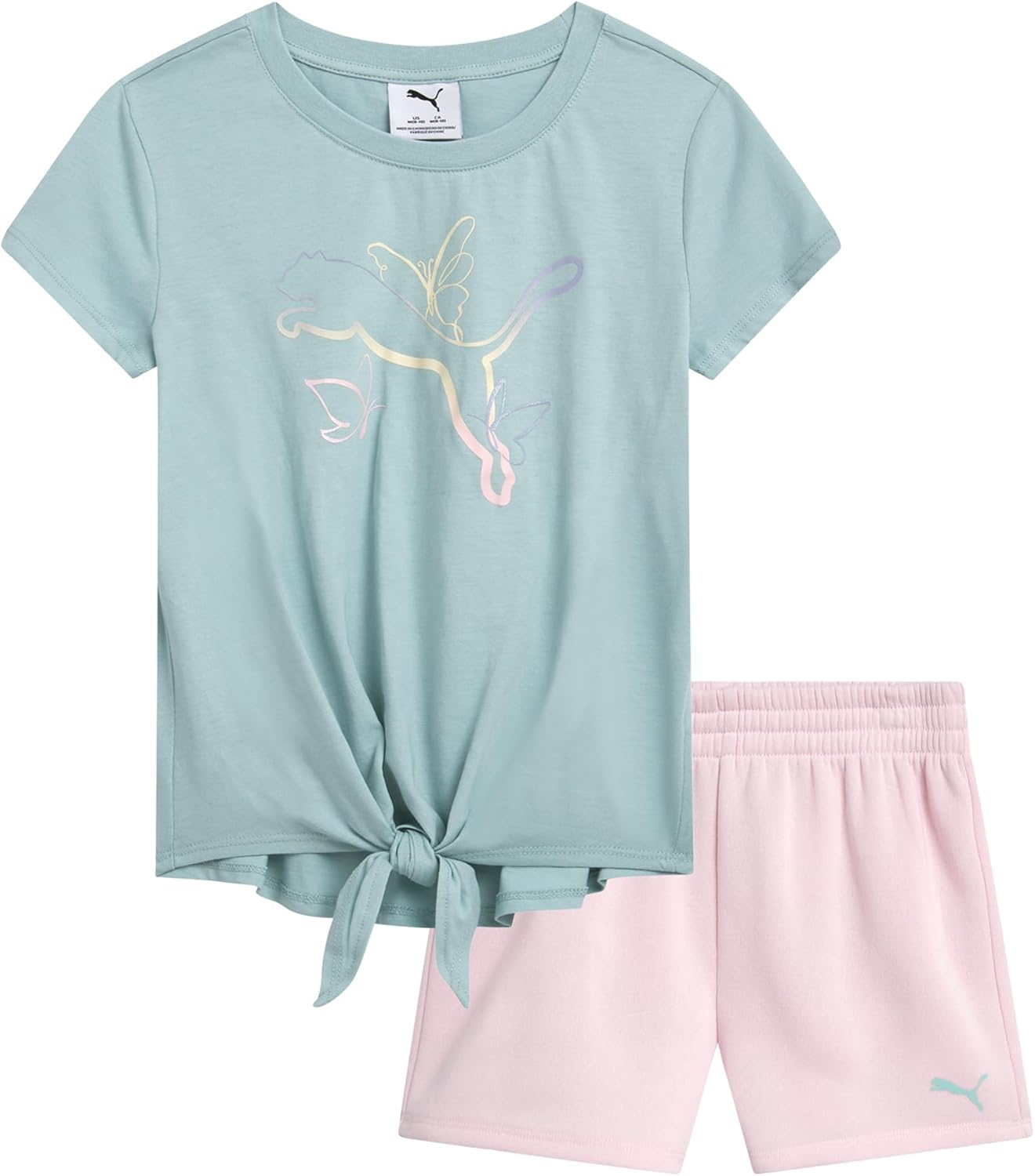 PUMA Girls Athletic Shorts Set - 2 Piece Active Performance TShirt and Gym Bike Kids Shorts Girls Activewear Set (7-14)