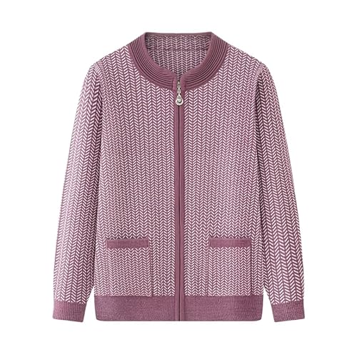 KIJSKKOPO Suéteres Punto Tipo Cárdigan para Personas De Mediana Edad Y Mayores, Color Rosa Morado, Manga Larga con Cremallera, Chaqueta Knit De Rayas Tejidas, Abrigo Punto Elegante Y Cálido para