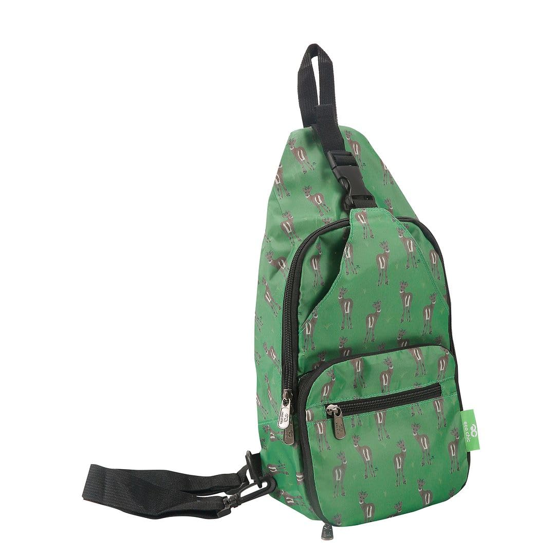 Eco Chic Lightweight Foldable Crossbody Bag Recycled Plastic Shoulder Backpack Folds Into Pouch for Storage (Deer Green)