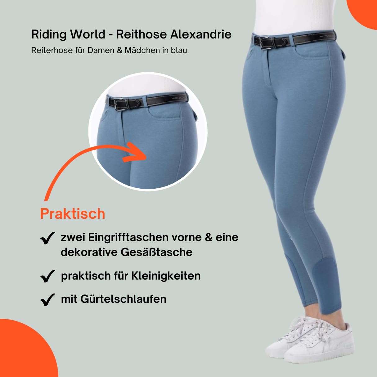 RIDING WORLD Pantalon d'équitation pour femme et enfant Alexandrie | Pantalon d'équitation avec genoux en tissu | avec poches avant | Legging d'équitation en six couleurs | Vêtements d'équitation en
