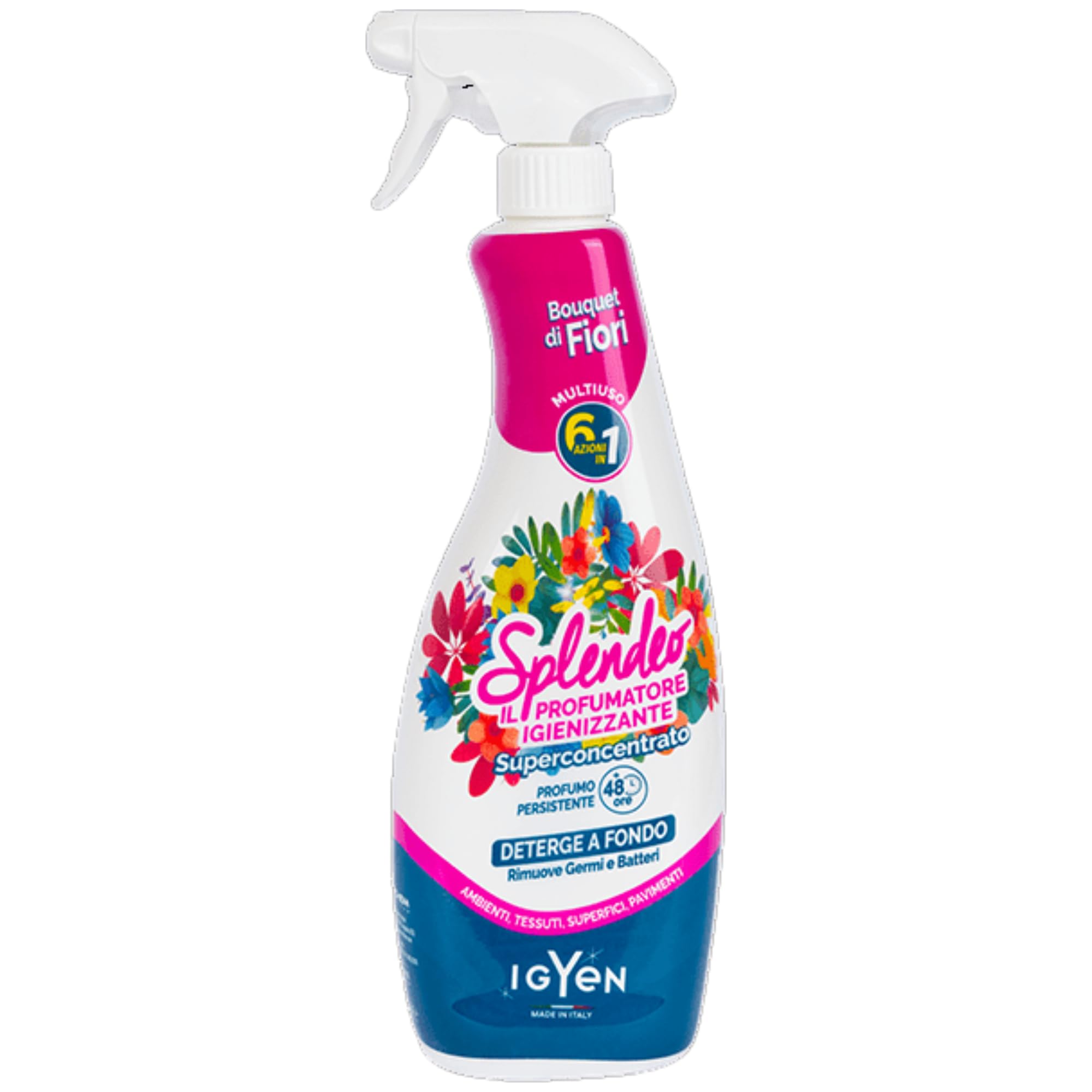 Detergente Multiuso Spray, Il Profumatore Igienizzante Superconcentrato, BOUQUET DI FIORI. Deterge a Fondo, Rimuove Germi e Batteri, 48h di Pulito Profumato 750ml (6 Spray) + Panno In Lattice SOFT