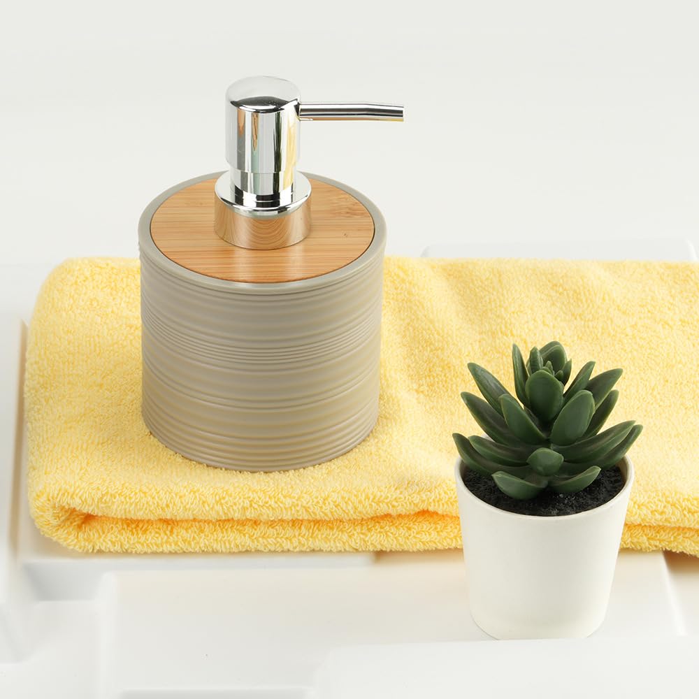 Juego de Accesorios de Baño 6 Piezas Plástico y Bambú Moderno de Artículos Esenciales para el Baño, Incluye Soporte para Cepillo de Dientes, Cubo de Basura, Escobilla y Dispensador de Jabón (Beige)