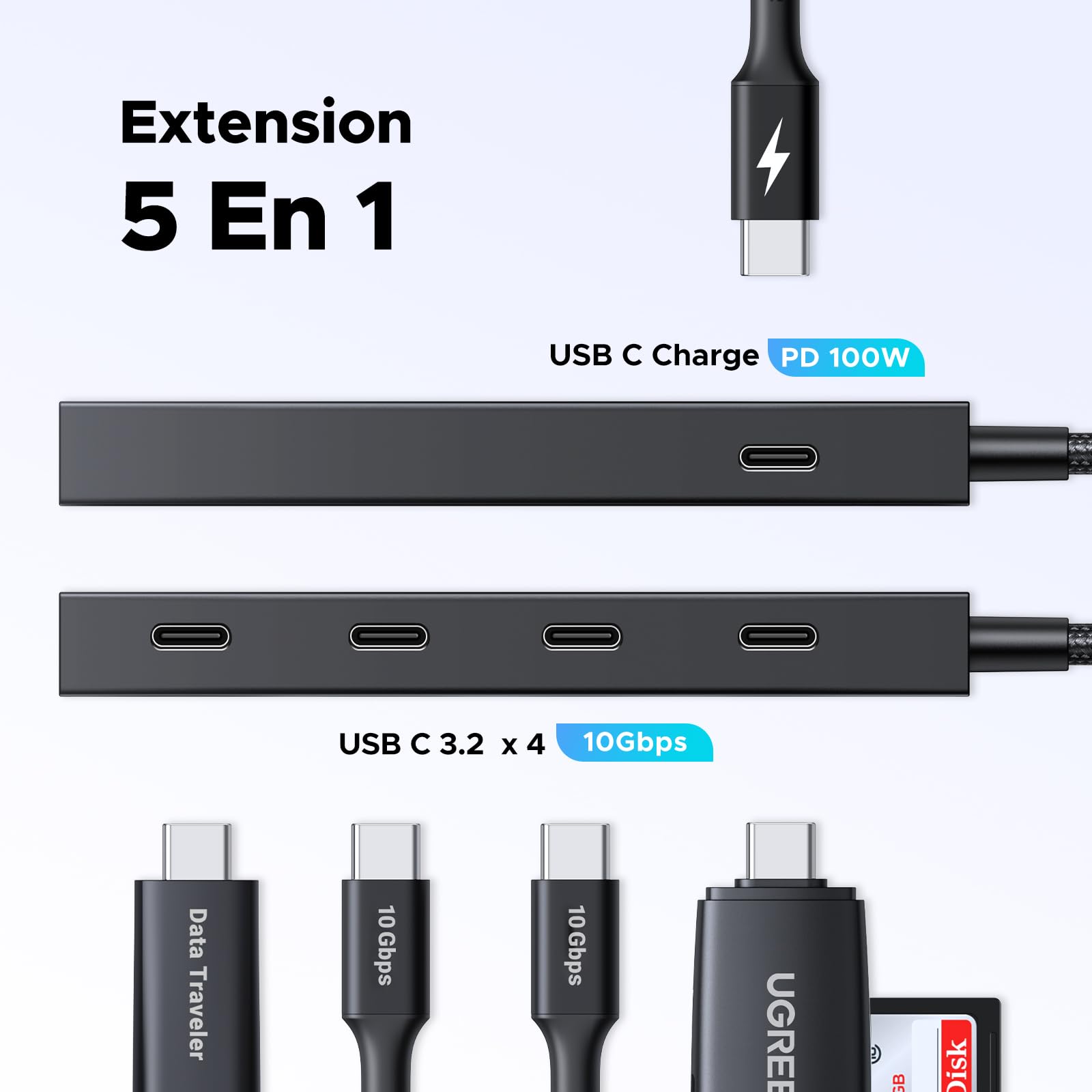 UGREEN Hub USB C 3.2 10Gbps 4 Ports PD 100W Charge Rapide Adaptateur Multiport Compatible MacBook iPad Pro