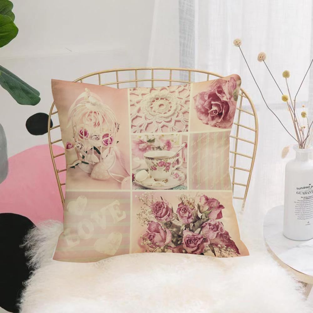 Hyosxw Rose, Vintage, Collage, Lace, Teacup, Birdca - A10 Cushion Cover,Throw Pillow Case Home Decorative For Living Room Bedroom Sofa Chair 18X18 Inch,Rose, Vintage, Collage, Lace, Teacup, Birdcage,Pillowcase 45X45cm