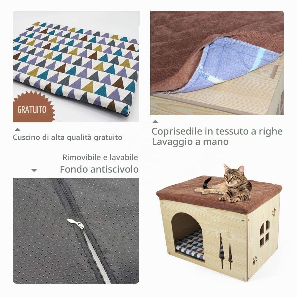 Casa de Madera pour Cane Gatto - Sgabello Casetta per Animali domestici con Cuscino Rimovibile per Cucciolo e Gatto, 57×40×40cm
