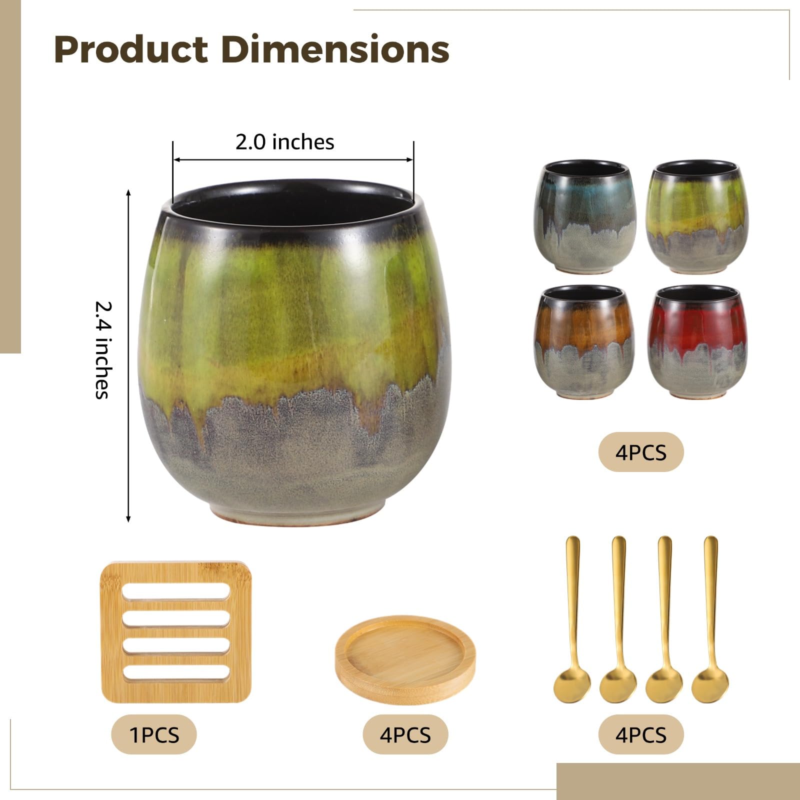 4 Espressotassen aus Keramik mit Untersetzer aus Holz, handbemalt mit vergoldeten Löffeln, modernes Tee- und Kaffeeset