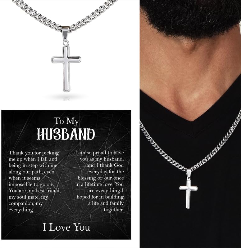 Cross Cuban Chain Necklace - Promise Necklace for Him, Necklace for Husband, Mens Necklace for Fiance, Valentine's Day - Image 2