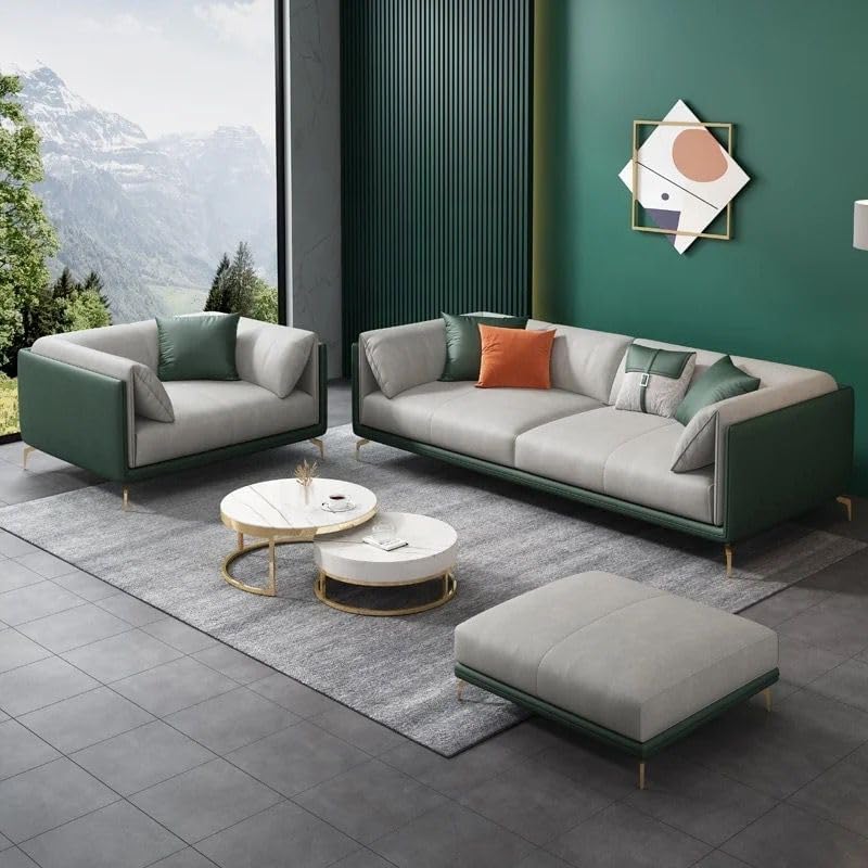 Image of Chesterfield Velvet Upholstery 3-Seater with Armchair and Footrest, Design in 3+1+Footrest Sofa for Living Room, Bedroom, Hallways (Green & Grey)