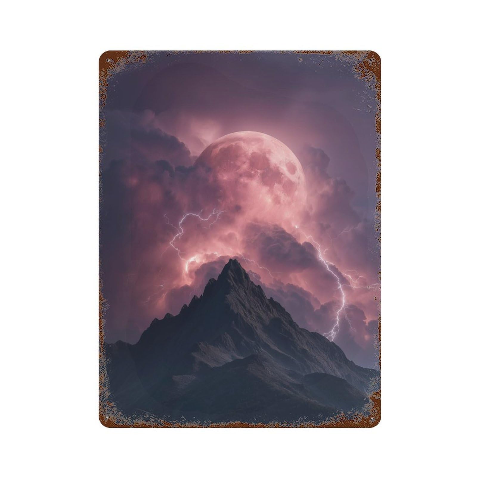 Distressed Metal Wall Sign Thunderstorm Moonlit Peaks -1 15.7"x11.8", Old School Wall Decor for Bistro, Counter And Cafe Decor