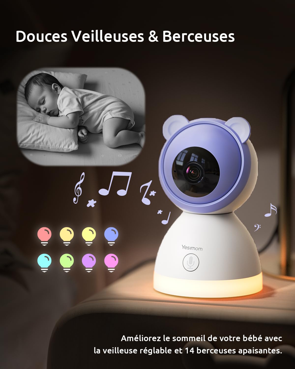 ESIMOM 2K 5" Babyphone Camera, PTZ 360° Baby Phone Vidéo | avec Application Téléphone, Veilleuses Colorées, Surveillance des Mouvements & Suivi Automatique, Zoom 4X