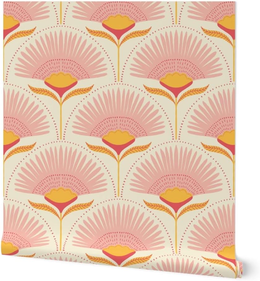 Peel & Stick Wallpaper 3ft x 2ft - Palm Floral Flowers Art Deco Simple Motif Mid Century Palm Springs Summer Feminine Fans Custom Removable Wallpaper by Spoonflower