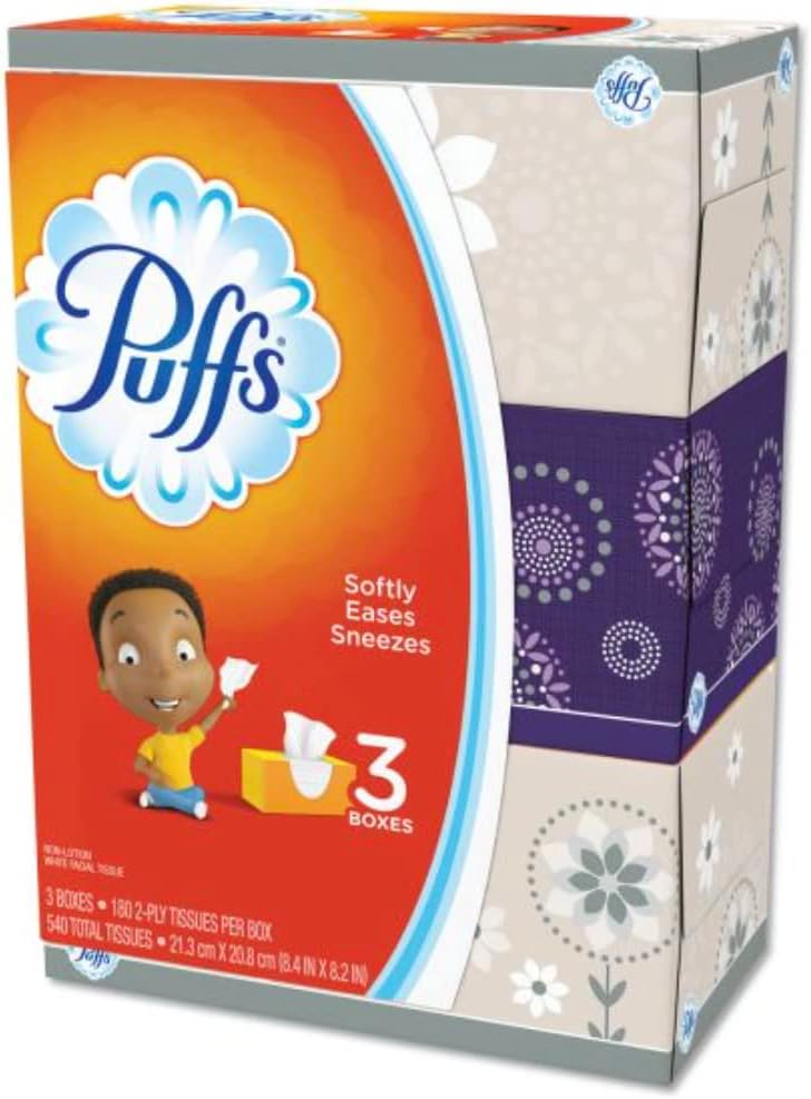 Puffs Basic Facial Tissues, 2 Ply - Assorted - Durable - For Face - 180 Quantity Per Box - 3 Boxes Per Pack