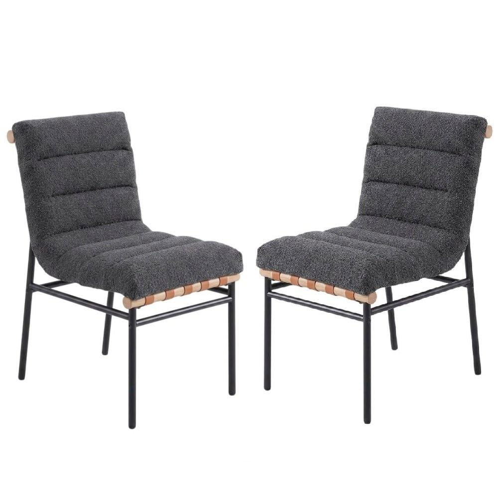 Dark Gray Boucle Fabric Dining Chairs Set of 2 with Black Iron Legs by Furnifact – Fabric, Steel, Wood, Grey, Pack of 2