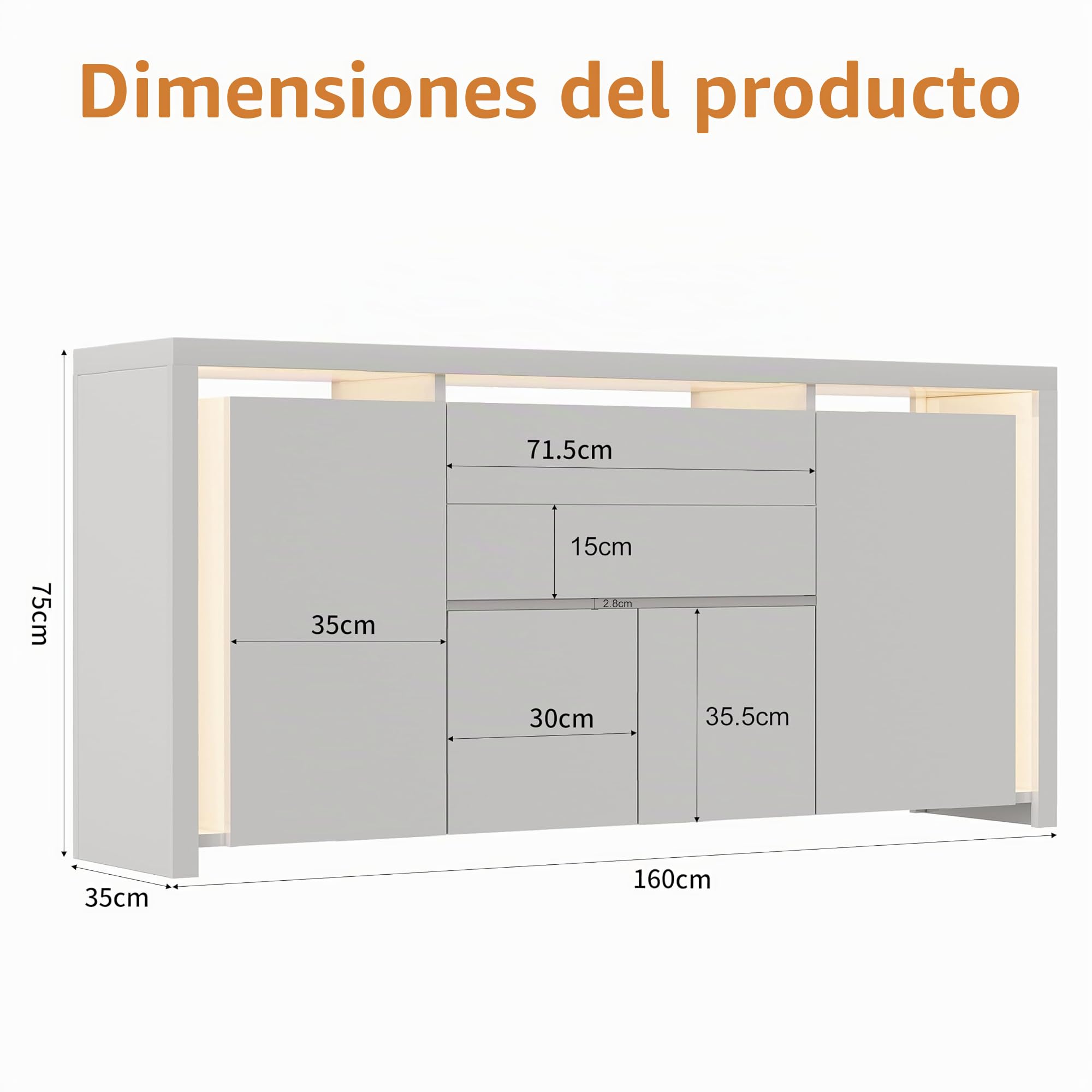 Aparador Blanco Brillante con LED, Mueble de Almacenamiento Moderno con 4 Puertas y 2 cajones, Mueble de TV Blanco Lacado para Sala de Estar, Cocina o Entrada