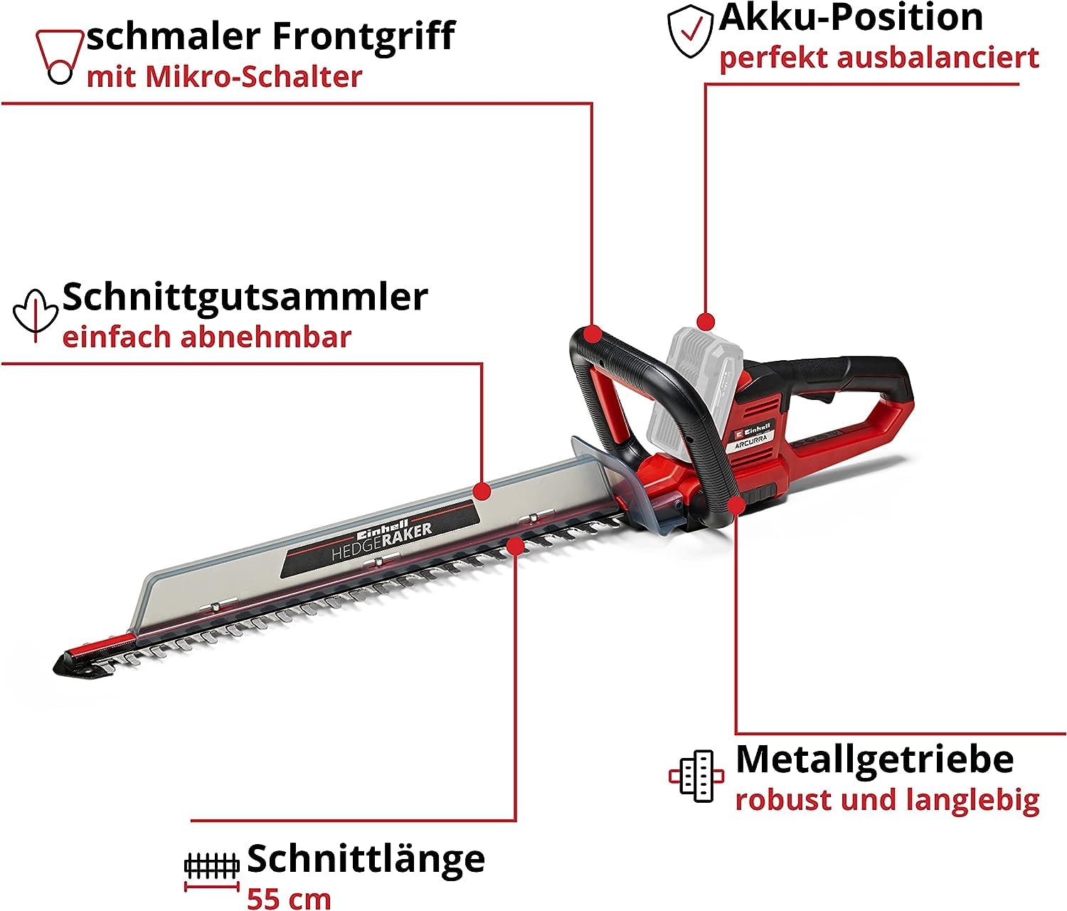 Einhell Akku-Heckenschere ARCURRA 18/55 Power X-Change (18 V, 55 cm Schnittlänge, 18 mm Zahnabstand, inkl. Schnittgutsammler, schmaler Frontgriff, ohne Akku)